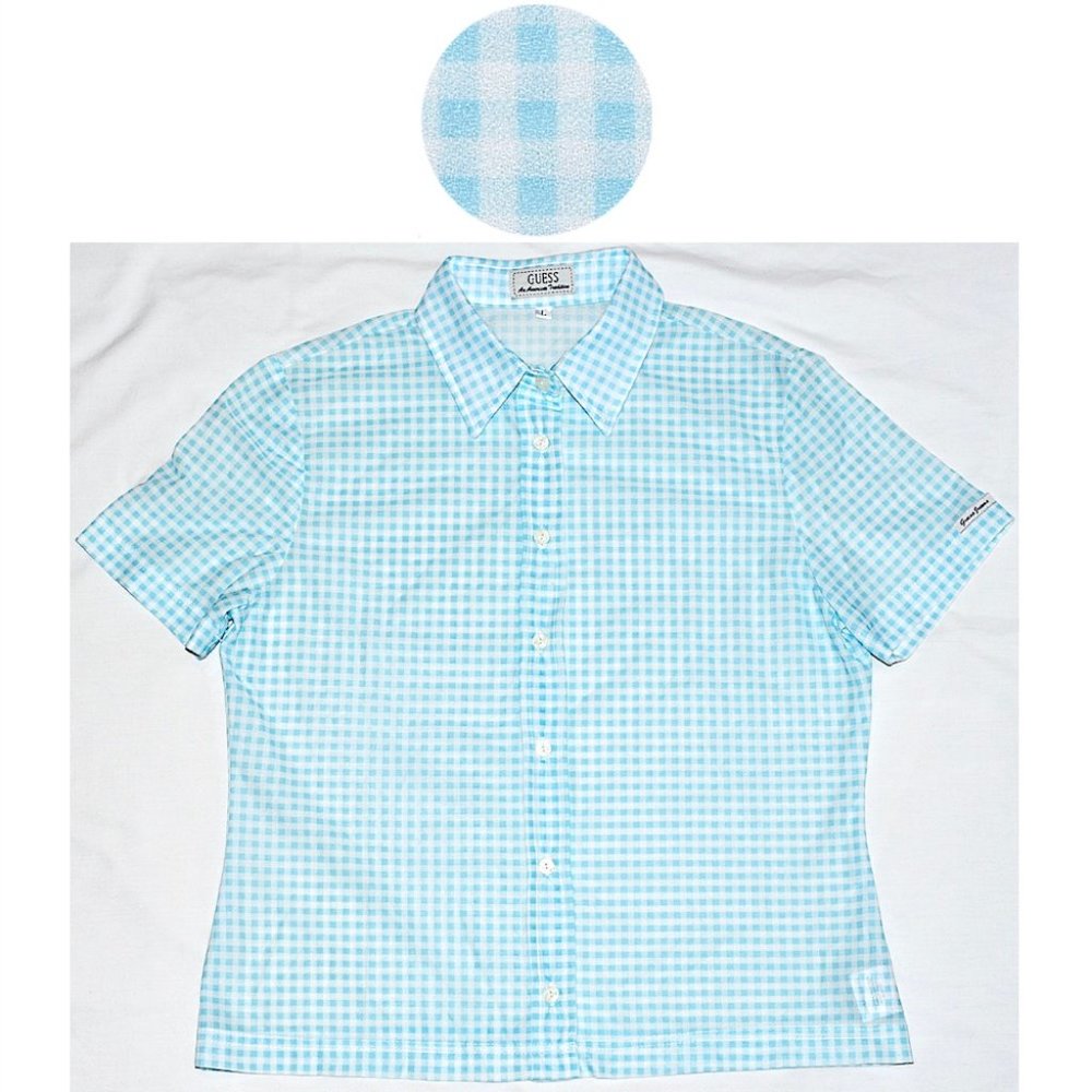 Like New Guess Vintage Aqua Gingham Sheer Blouse